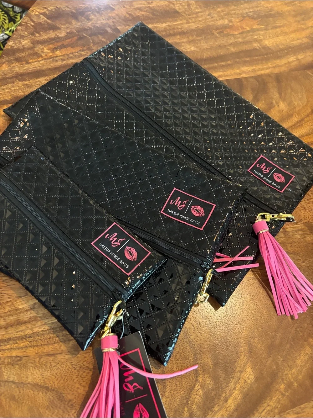 Makeup Junkie Bags Black Quilted Cosmetic Pouch w/ Pink Tassel-3 Sizes includes